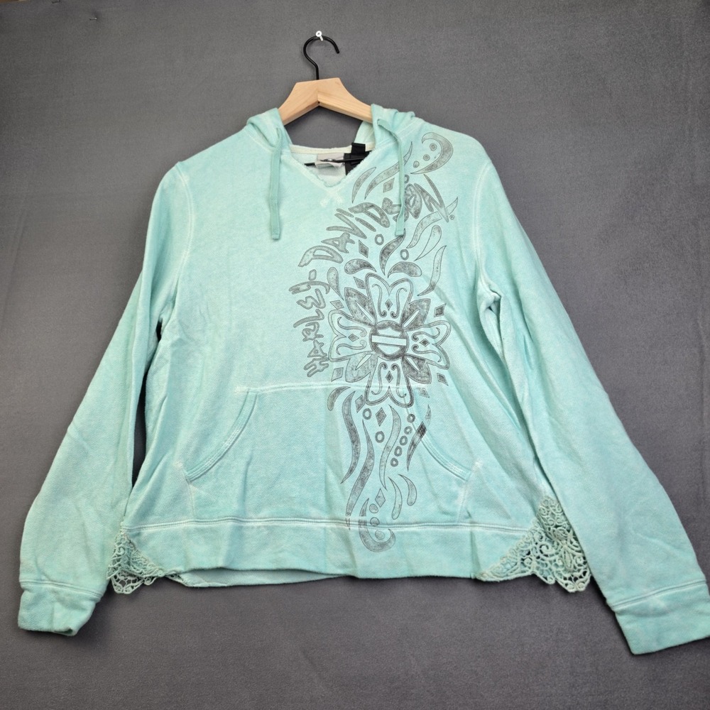 Harley Davidson Hoodie Womens XL Mint Green Terry Cloth Lace Pullover V Neck Top